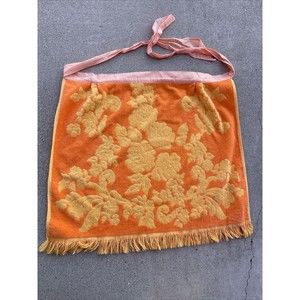 Vintage Terry Cloth Waist Apron Towel orange floral cannon sculpted fringe